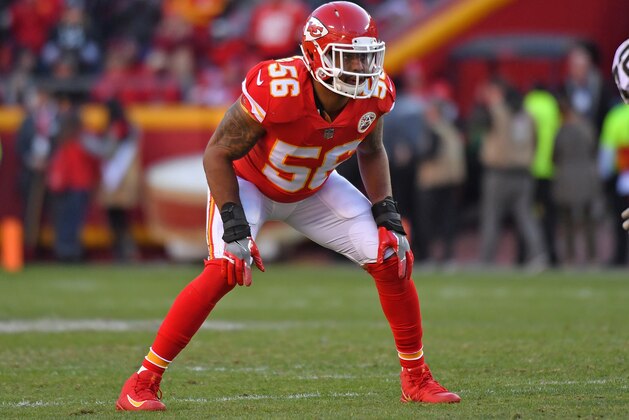 KANSAS CITY, MO - DECEMBER 10:  Inside linebacker Derrick Johnson #56 of the Kansas City Chiefs gets set on defense against the Oakland Raiders during the second half at Arrowhead Stadium on December 10, 2017 in Kansas City, Missouri.  (Photo by Peter G. Aiken/Getty Images)