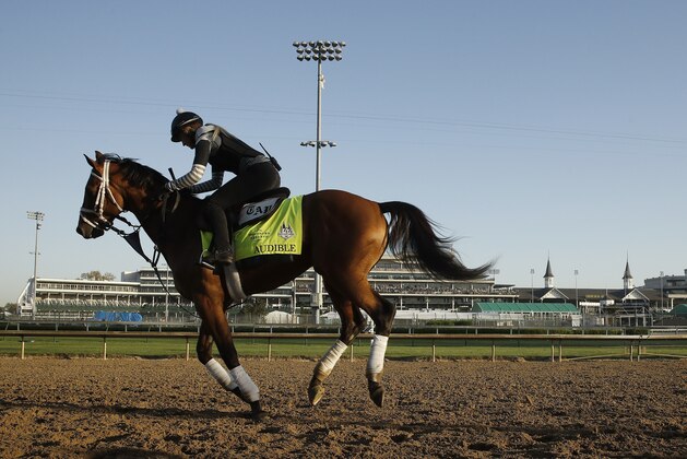 Kentucky Derby hopeful Audible runs during a morning workout at Churchill Downs Tuesday, May 1, 2018, in Louisville, Ky. The 144th running of the Kentucky Derby is scheduled for Saturday, May 5. (AP Photo/Charlie Riedel)