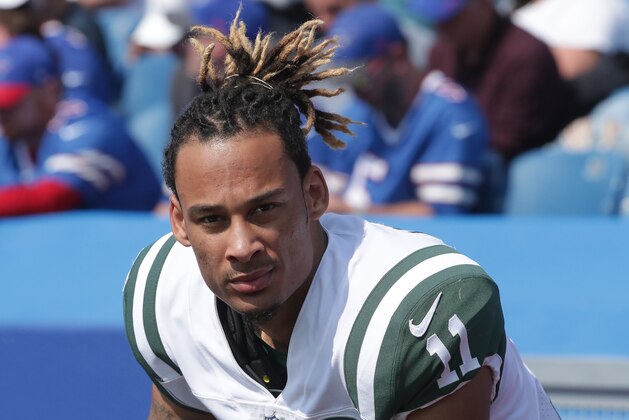 BUFFALO, NY - SEPTEMBER 10: Robby Anderson #11 of the New York Jets rides the stationary bike on the sideline during NFL game action against the Buffalo Bills at New Era Field on September 10, 2017 in Buffalo, New York. (Photo by Tom Szczerbowski/Getty Images)