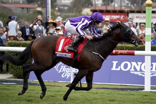 Ryan L. Moore rides Mendelssohn to victory in the Juvenile Turf horse race during the first day of the Breeders' Cup, Friday, Nov. 3, 2017, in Del Mar, Calif. (AP Photo/Denis Poroy)