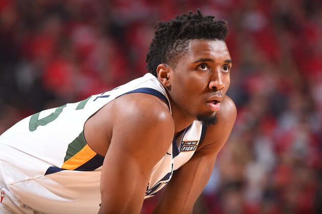 HOUSTON, TX - MAY 2:  Donovan Mitchell #45 of the Utah Jazz looks on during the game against the Houston Rockets in Game Two of Round Two of the 2018 NBA Playoffs on May 2, 2018 at Toyota Center in Houston, TX.  NOTE TO USER: User expressly acknowledges and agrees that, by downloading and or using this Photograph, user is consenting to the terms and conditions of the Getty Images License Agreement. Mandatory Copyright Notice: Copyright 2018 NBAE (Photo by Andrew D. Bernstein/NBAE via Getty Images)