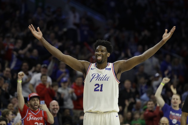 Philadelphia 76ers' Joel Embiid in action an NBA basketball game against the Brooklyn Nets, Friday, March 16, 2018, in Philadelphia. (AP Photo/Matt Slocum)