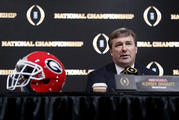 Georgia head coach Kirby Smart speaks during a press conference ahead of the NCAA college football national championship in Atlanta, Sunday, Jan. 7, 2018. Georgia and Alabama will be playing for the championship on Monday, Jan. 8. (AP Photo/David Goldman)