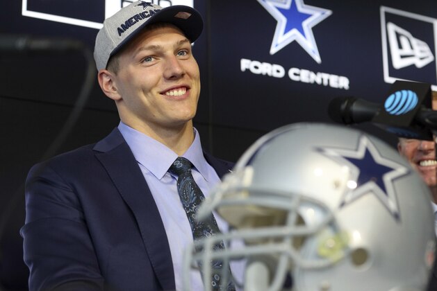 Dallas Cowboys first round draft pick Leighton Vander Esch smiles during an NFL football press conference Friday, April 27, 2018, in Frisco, Texas. (AP Photo/Richard W. Rodriguez)