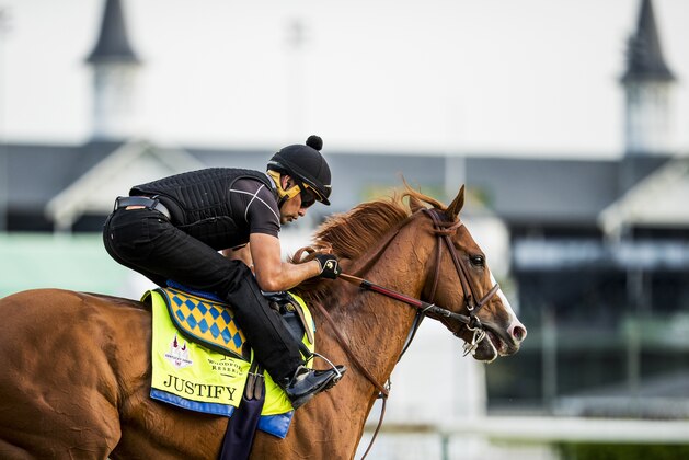 LOUISVILLE, KY - MAY 03: Justify, trained by Bob Baffert, exercises in preparation for the Kentucky Derby at Churchill Downs on May 3, 2018 in Louisville, Kentucky. (Photo by Alex Evers/Eclipse Sportswire/Getty Images)