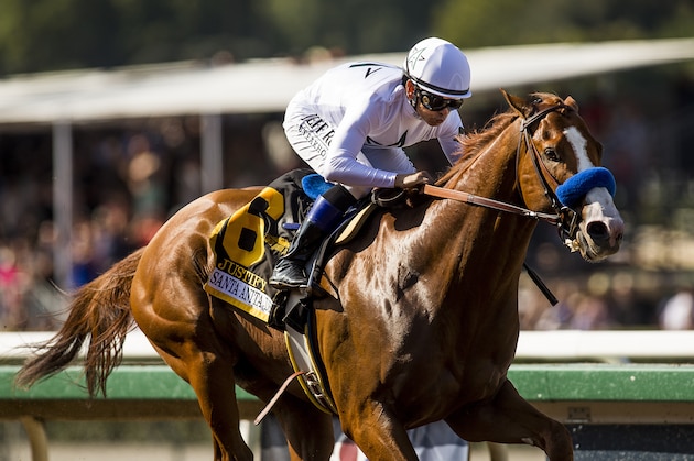 ARCADIA, CA - APRIL 07: Justify #6 with Mike Smith win the Santa Anita Derby at Santa Anita Park on April 07, 2018 in Arcadia, California.(Photo by Alex Evers/Eclipse Sportswire/Getty Images)