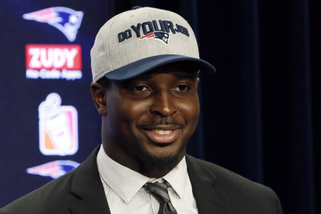New England Patriots first-round NFL draft pick running back Sony Michel, out of the University of Georgia, speaks to the media Friday, April 27, 2018, in Foxborough, Mass. (AP Photo/Bill Sikes)