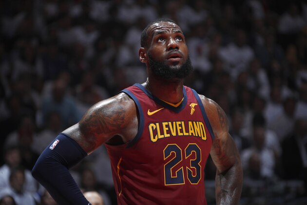 TORONTO, CANADA - MAY 3: LeBron James #23 of the Cleveland Cavaliers looks on in Game Two of the Eastern Conference Semifinals against the Toronto Raptors during the 2018 NBA Playoffs on May 3, 2018 at the Air Canada Centre in Toronto, Ontario, Canada. NOTE TO USER: User expressly acknowledges and agrees that, by downloading and/or using this photograph, user is consenting to the terms and conditions of the Getty Images License Agreement. Mandatory Copyright Notice: Copyright 2018 NBAE (Photo by Mark Blinch/NBAE via Getty Images)