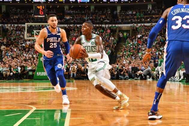BOSTON, MA - MAY 3: Terry Rozier #12 of the Boston Celtics handles the ball against the Philadelphia 76ers during Game Two of the Eastern Conference Semifinals of the 2018 NBA Playoffs on May 3, 2018 at the TD Garden in Boston, Massachusetts. NOTE TO USER: User expressly acknowledges and agrees that, by downloading and or using this photograph, User is consenting to the terms and conditions of the Getty Images License Agreement. Mandatory Copyright Notice: Copyright 2018 NBAE (Photo by Jesse D. Garrabrant/NBAE via Getty Images)