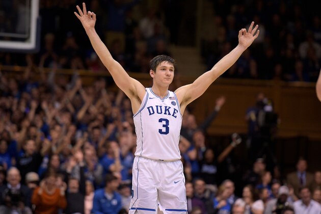 DURHAM, NC - JANUARY 29: Grayson Allen #3 of the Duke Blue Devils reacts during a game against the Notre Dame Fighting Irish at Cameron Indoor Stadium on January 29, 2018 in Durham, North Carolina. Duke won 88-66. (Photo by Lance King/Getty Images)