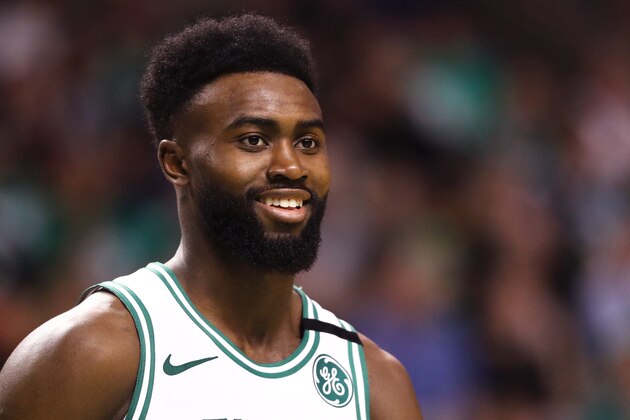 BOSTON, MA - MAY 3: Jaylen Brown #7 of the Boston Celtics looks on during Game Two of the Eastern Conference Second Round of the  2018 NBA Playoffs at TD Garden on May 3, 2018 in Boston, Massachusetts. The Celtics defeat the 76ers 108-103. (Photo by Maddie Meyer/Getty Images)