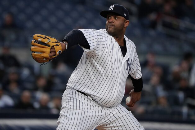 New York Yankees pitcher CC Sabathia walks back to the mound between pitches during the second inning of a baseball game against the Minnesota Twins, Tuesday, April 24, 2018, in New York. (AP Photo/Julie Jacobson)
