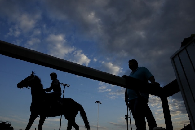 A horse works on the track during a morning workout at Churchill Downs Friday, May 4, 2018, in Louisville, Ky. The 144th running of the Kentucky Derby is scheduled for Saturday. (AP Photo/Charlie Riedel)
