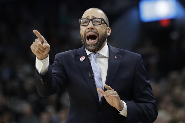FILE - In this April 25, 2017, file photo, Memphis Grizzlies head coach David Fizdale directs his players during the first half of Game 5 in a first-round NBA basketball playoff series against the San Antonio Spurs in San Antonio. A person with knowledge of the details said Thursday, May 3, 2018, that the New York Knicks have agreed to hire Fizdale as their new coach. The former Grizzlies coach will replace Jeff Hornacek, who was fired last month after two seasons. (AP Photo/Eric Gay, File)