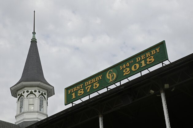A sign for the 144th Kentucky Derby is displayed on the grandstand during a morning workout at Churchill Downs Wednesday, May 2, 2018, in Louisville, Ky. The 144th running of the Kentucky Derby is scheduled for Saturday, May 5. (AP Photo/Charlie Riedel)