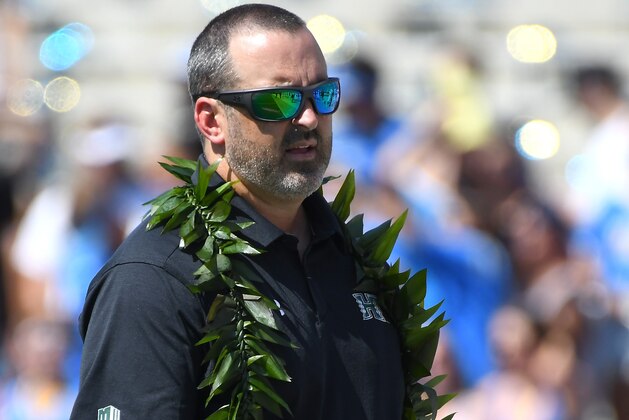 PASADENA, CA - SEPTEMBER 09:  Head coach Nick Rolovich of the Hawaii Warriors looks on during the game against the UCLA Bruins at the Rose Bowl on September 9, 2017 in Pasadena, California.  (Photo by Jayne Kamin-Oncea/Getty Images)
