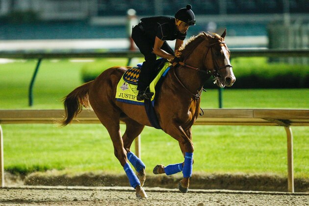 LOUISVILLE, KY - MAY 04:  Justify trains on the track during morning workouts in preparation for the Kentucky Derby at Churchill Downs on May 4, 2018 in Louisville, Kentucky.  (Photo by Michael Reaves/Getty Images)