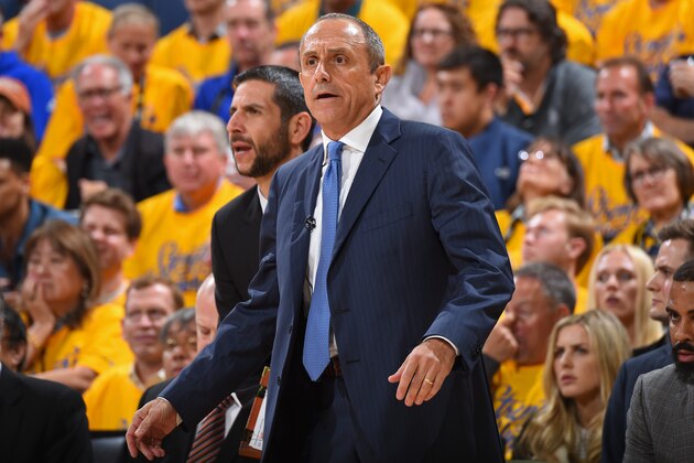 OAKLAND, CA - APRIL 24:  Assistant Coach Ettore Messina of the San Antonio Spurs reacts to a play during the game against the Golden State Warriors in Game Five of Round One of the 2018 NBA Playoffs on April 24, 2018 at ORACLE Arena in Oakland, California. NOTE TO USER: User expressly acknowledges and agrees that, by downloading and or using this photograph, user is consenting to the terms and conditions of Getty Images License Agreement. Mandatory Copyright Notice: Copyright 2018 NBAE (Photo by Andrew D. Bernstein/NBAE via Getty Images)