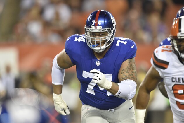 New York Giants offensive tackle Ereck Flowers (74) blocks during an NFL preseason football game against the Cleveland Browns, Monday, Aug. 21, 2017, in Cleveland. The Browns won 10-6. (AP Photo/David Richard)