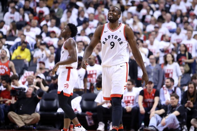 TORONTO, ON - MAY 01:  Serge Ibaka #9 of the Toronto Raptors reacts in the second half of Game One of the Eastern Conference Semifinals against the Cleveland Cavaliers during the 2018 NBA Playoffs at Air Canada Centre on May 1, 2018 in Toronto, Canada.  NOTE TO USER: User expressly acknowledges and agrees that, by downloading and or using this photograph, User is consenting to the terms and conditions of the Getty Images License Agreement.  (Photo by Vaughn Ridley/Getty Images)