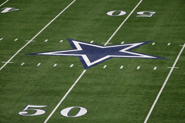 The 50-yard-line markers are shown on either side of the Dallas Cowboys field logo before an NFL football game against the Los Angeles Rams on Sunday, Oct. 1, 2017, in Arlington, Texas. (AP Photo/Roger Steinman)