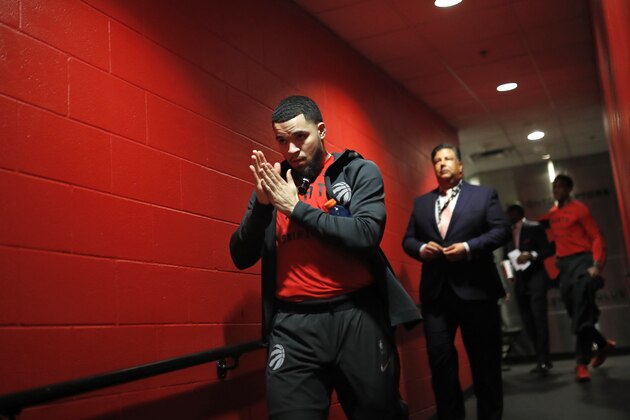 TORONTO, CANADA - MAY 1: Fred VanVleet #23 of the Toronto Raptors heads towards the court to warm up for the game against the Cleveland Cavaliers in Game One of Round Two of the 2018 NBA Playoffs on May 1, 2018 at the Air Canada Centre in Toronto, Ontario, Canada.  NOTE TO USER: User expressly acknowledges and agrees that, by downloading and or using this Photograph, user is consenting to the terms and conditions of the Getty Images License Agreement.  Mandatory Copyright Notice: Copyright 2018 NBAE (Photo by Mark Blinch/NBAE via Getty Images)