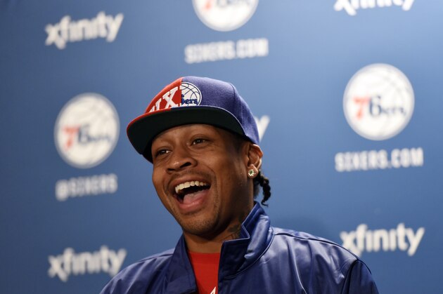 Philadelphia 76ers' Allen Iverson talks to reporters during a news conference before an NBA basketball game against the New York Knicks, Friday, April 8, 2016, in Philadelphia. Iverson has been inducted into the Basketball Hall of Fame. (AP Photo/Michael Perez)