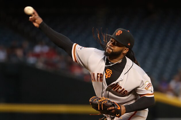PHOENIX, AZ - APRIL 17:  Starting pitcher Johnny Cueto #47 of the San Francisco Giants pitches against the Arizona Diamondbacks during the first inning of the MLB game at Chase Field on April 17, 2018 in Phoenix, Arizona.  (Photo by Christian Petersen/Getty Images)