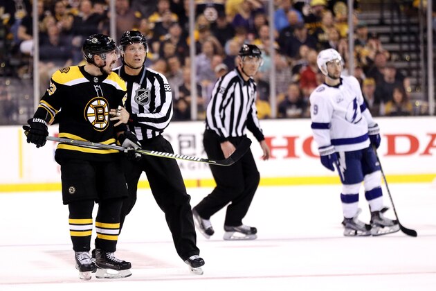 BOSTON, MA - MAY 2: Brad Marchand #63 of the Boston Bruins disputes a slashing call during the second period of Game Three of the Eastern Conference Second Round during the 2018 NHL Stanley Cup Playoffs against the Tampa Bay Lightning at TD Garden on May 2, 2018 in Boston, Massachusetts. (Photo by Maddie Meyer/Getty Images)