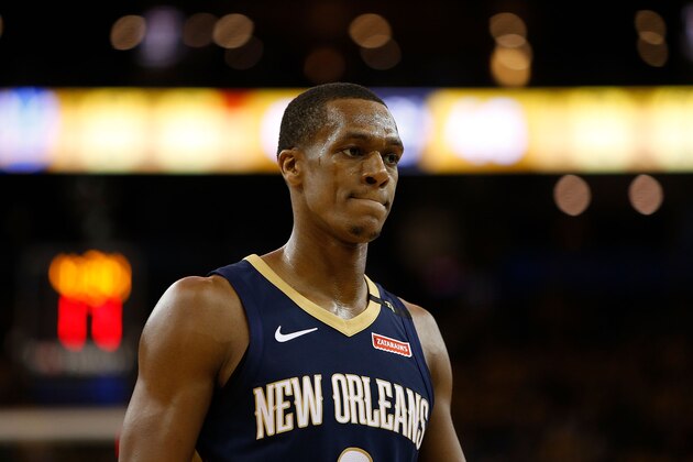 OAKLAND, CA - APRIL 28: Rajon Rondo #9 of the New Orleans Pelicans looks on during Game One of the Western Conference Semifinals against the Golden State Warriors at ORACLE Arena on April 28, 2018 in Oakland, California. NOTE TO USER: User expressly acknowledges and agrees that, by downloading and or using this photograph, User is consenting to the terms and conditions of the Getty Images License Agreement. (Photo by Lachlan Cunningham/Getty Images)