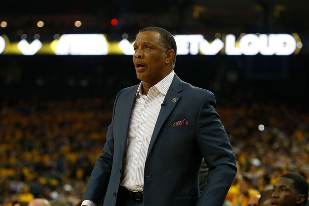 OAKLAND, CA - APRIL 28: New Orleans Pelicans head coach Alvin Gentry reacts after being given a technical foul against the Golden State Warriors during Game One of the Western Conference Semifinals at ORACLE Arena on April 28, 2018 in Oakland, California. NOTE TO USER: User expressly acknowledges and agrees that, by downloading and or using this photograph, User is consenting to the terms and conditions of the Getty Images License Agreement. (Photo by Lachlan Cunningham/Getty Images)