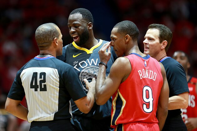 NEW ORLEANS, LA - MAY 04: Referee Eric Lewis #42 issues Rajon Rondo #9 of the New Orleans Pelicans a technical foul after an altercation with Draymond Green #23 of the Golden State Warriors during the second half of Game Three of the Western Conference Semifinals of the 2018 NBA Playoffs at the Smoothie King Center on May 4, 2018 in New Orleans, Louisiana. NOTE TO USER: User expressly acknowledges and agrees that, by downloading and or using this photograph, User is consenting to the terms and conditions of the Getty Images License Agreement.  (Photo by Sean Gardner/Getty Images)