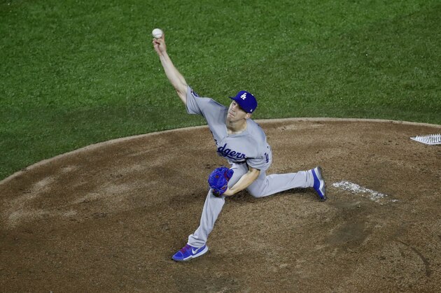 Los Angeles Dodgers pitcher Walker Buehler throws against the San Diego Padres during a baseball game, in Monterrey, Mexico, Friday, May 4, 2018. (AP Photo/ Eduardo Verdugo)