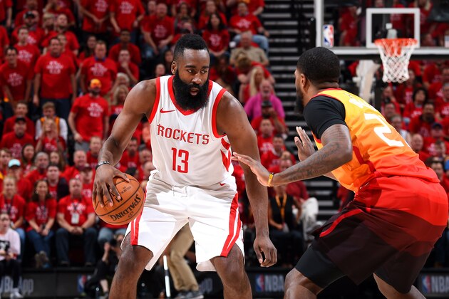 HOUSTON, TX - MAY 4: James Harden #13 of the Houston Rockets handles the ball against the Utah Jazz during Game Three of the Western Conference Semifinals of the 2018 NBA Playoffs on May 4, 2018 at the Vivint Smart Home Arena Salt Lake City, Utah. NOTE TO USER: User expressly acknowledges and agrees that, by downloading and or using this photograph, User is consenting to the terms and conditions of the Getty Images License Agreement. Mandatory Copyright Notice: Copyright 2018 NBAE (Photo by Andrew D. Bernstein/NBAE via Getty Images)
