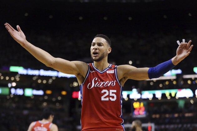 Philadelphia 76ers guard Ben Simmons (25) complains to the referee in the second half against the Boston Celtics in Game 1 of an NBA basketball second-round playoff series, Monday, April 30, 2018, in Boston. The Celtics won 117-101. (AP Photo/Elise Amendola)