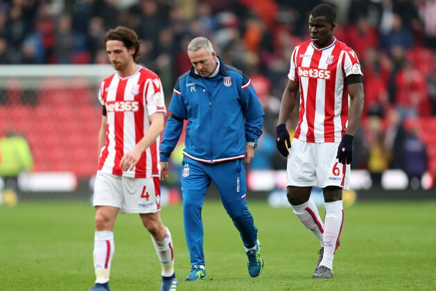 STOKE ON TRENT, ENGLAND - APRIL 07: Dejected Paul Lambert the head coach / manager of Stoke City at full time after the Premier League match between Stoke City and Tottenham Hotspur at Bet365 Stadium on April 7, 2018 in Stoke on Trent, England. (Photo by James Baylis - AMA/Getty Images)