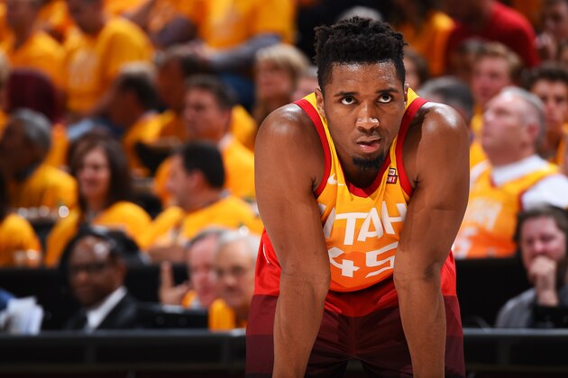 HOUSTON, TX - MAY 4:  Donovan Mitchell #45 of the Utah Jazz looks on during the game against the Houston Rockets during Game Three of the Western Conference Semifinals of the 2018 NBA Playoffs on May 4, 2018 at the Vivint Smart Home Arena Salt Lake City, Utah. NOTE TO USER: User expressly acknowledges and agrees that, by downloading and or using this photograph, User is consenting to the terms and conditions of the Getty Images License Agreement. Mandatory Copyright Notice: Copyright 2018 NBAE (Photo by Andrew D. Bernstein/NBAE via Getty Images)