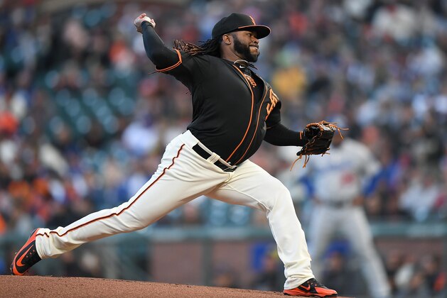 SAN FRANCISCO, CA - APRIL 28:  Johnny Cueto #47 of the San Francisco Giants pitches against the Los Angeles Dodgers in the top of the first inning of game two of a double header at AT&T Park on April 28, 2018 in San Francisco, California.  (Photo by Thearon W. Henderson/Getty Images)
