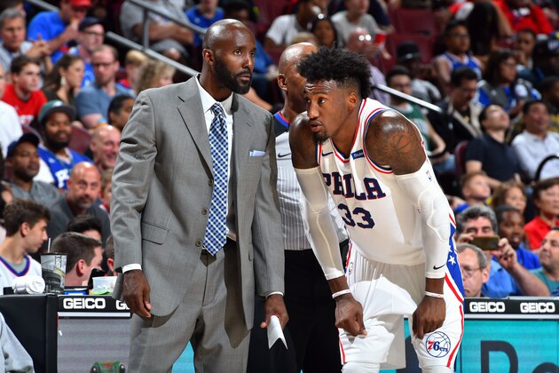 PHILADELPHIA, PA - OCTOBER 6: Assistant coach, Lloyd Pierce talks with Robert Covington #33 of the Philadelphia 76ers during the game against the Boston Celtics during a preseason on October 6, 2017 at Wells Fargo Center in Philadelphia, Pennsylvania. NOTE TO USER: User expressly acknowledges and agrees that, by downloading and or using this photograph, User is consenting to the terms and conditions of the Getty Images License Agreement. Mandatory Copyright Notice: Copyright 2017 NBAE (Photo by Jesse D. Garrabrant/NBAE via Getty Images)