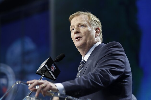 NFL commissioner Roger Goodell speaks from the stage during the first round of the NFL football draft, Thursday, April 26, 2018, in Arlington, Texas. (AP Photo/David J. Phillip)