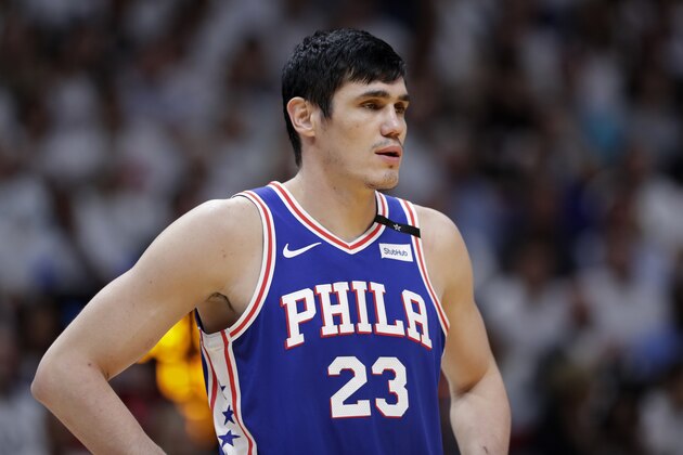 Philadelphia 76ers' Ersan Ilyasova (23) stands on the court during the second half of Game 3 of a first-round NBA basketball playoff series against the Miami Heat, Thursday, April 19, 2018, in Miami. The 76ers won 128-108. (AP Photo/Lynne Sladky)