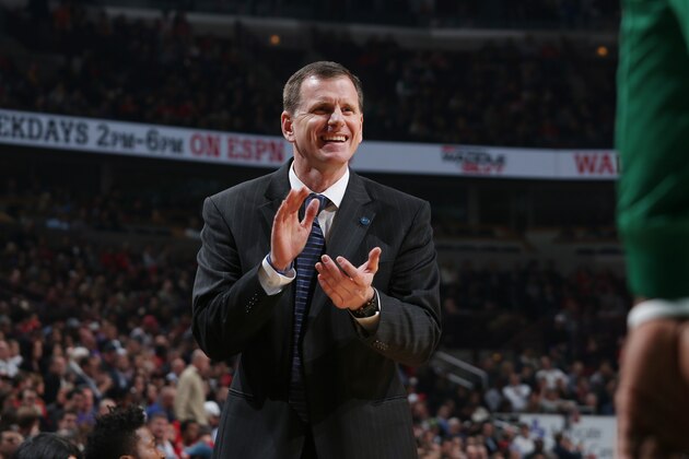 CHICAGO, IL - January 7:  Acting Boston Celtics head coach Jay Larranaga is seen against the Chicago Bulls on January 7, 2016 at the United Center in Chicago, Illinois. NOTE TO USER: User expressly acknowledges and agrees that, by downloading and or using this Photograph, user is consenting to the terms and conditions of the Getty Images License Agreement. Mandatory Copyright Notice: Copyright 2016 NBAE (Photo by Gary Dineen/NBAE via Getty Images)