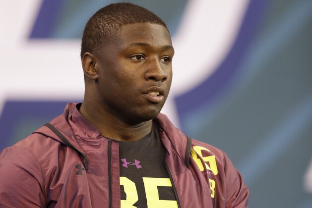 Georgia linebacker Roquan Smith watches during the NFL football scouting combine, Sunday, March 4, 2018, in Indianapolis. (AP Photo/Darron Cummings)