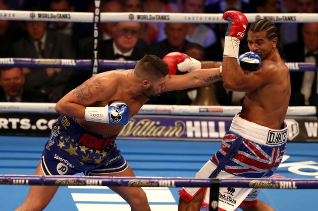 LONDON, ENGLAND - MAY 05:  Tony Bellew punches David Haye during Heavyweight fight between Tony Bellew and David Haye at The O2 Arena on May 5, 2018 in London, England.  (Photo by Bryn Lennon/Getty Images)