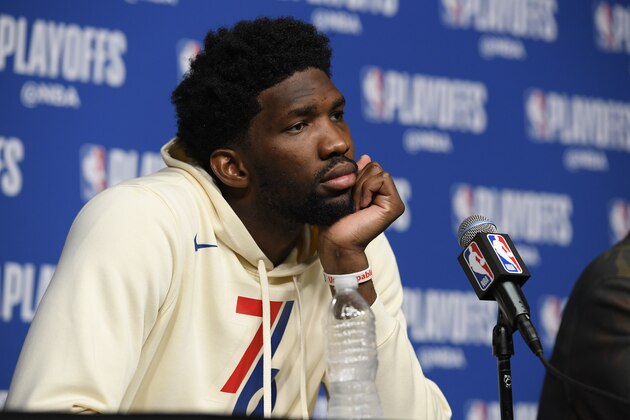 BOSTON, MA - May 3:  Joel Embiid #21 of the Philadelphia 76ers talks with the media following Game Two of Round Two of the 2018 NBA Playoffs against the Boston Celtics  on May 3, 2018 at the TD Garden in Boston, Massachusetts.  NOTE TO USER: User expressly acknowledges and agrees that, by downloading and or using this photograph, User is consenting to the terms and conditions of the Getty Images License Agreement. Mandatory Copyright Notice: Copyright 2018 NBAE  (Photo by Brian Babineau/NBAE via Getty Images)