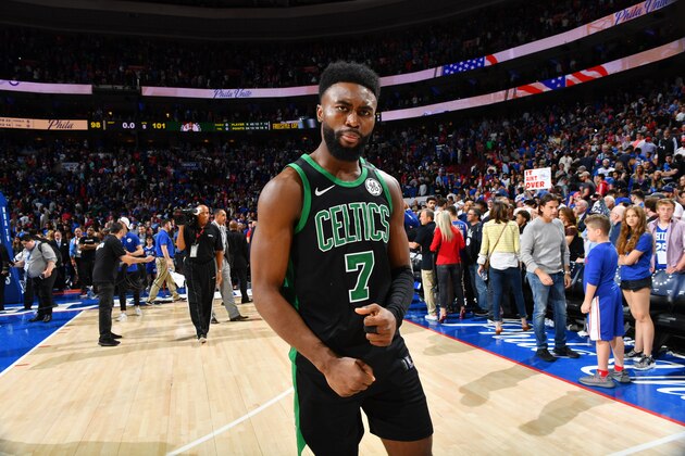 PHILADELPHIA, PA - May 5:  Jaylen Brown #7 of the Boston Celtics reacts against the Philadelphia 76ers during Game Three of the Eastern Conference Semi Finals of the 2018 NBA Playoffs on May 5, 2018 in Philadelphia, Pennsylvania NOTE TO USER: User expressly acknowledges and agrees that, by downloading and/or using this Photograph, user is consenting to the terms and conditions of the Getty Images License Agreement. Mandatory Copyright Notice: Copyright 2018 NBAE (Photo by Jesse D. Garrabrant/NBAE via Getty Images)