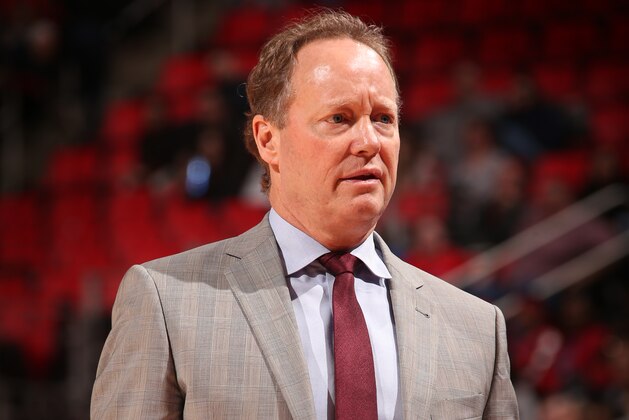 DETROIT, MI - FEBRUARY 14: Coach Mike Budenholzer of the Atlanta Hawks looks on during the game against the Detroit Pistons on February 14, 2018 at Little Caesars Arena in Detroit, Michigan. NOTE TO USER: User expressly acknowledges and agrees that, by downloading and/or using this photograph, User is consenting to the terms and conditions of the Getty Images License Agreement. Mandatory Copyright Notice: Copyright 2018 NBAE (Photo by Brian Sevald/NBAE via Getty Images)