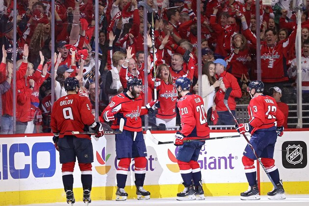 WASHINGTON, DC - MAY 05: Brett Connolly #10 of the Washington Capitals celebrates his goal against the Pittsburgh Penguins during the first period in Game Five of the Eastern Conference Second Round during the 2018 NHL Stanley Cup Playoffs at Capital One Arena on May 5, 2018 in Washington, DC. (Photo by Patrick Smith/Getty Images)