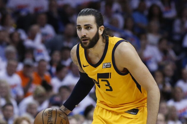 Utah Jazz guard Ricky Rubio (3) during Game 2 of an NBA basketball first-round playoff series between the Utah Jazz and the Oklahoma City Thunder in Oklahoma City, Wednesday, April 18, 2018. (AP Photo/Sue Ogrocki)