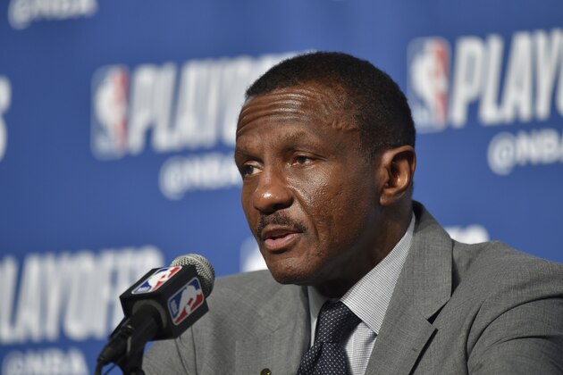 CLEVELAND, OH - MAY 5:  Head Coach Dwane Casey of the Toronto Raptors talks with the media following Game Three of the Eastern Conference Semi Finals of the 2018 NBA Playoffs against the Cleveland Cavaliers on May 5, 2018 at Quicken Loans Arena in Cleveland, Ohio. NOTE TO USER: User expressly acknowledges and agrees that, by downloading and/or using this Photograph, user is consenting to the terms and conditions of the Getty Images License Agreement. Mandatory Copyright Notice: Copyright 2018 NBAE (Photo by David Liam Kyle/NBAE via Getty Images)